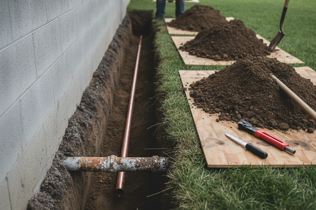 Excavated water line trench during Sewer Line Repair in Spring Hill